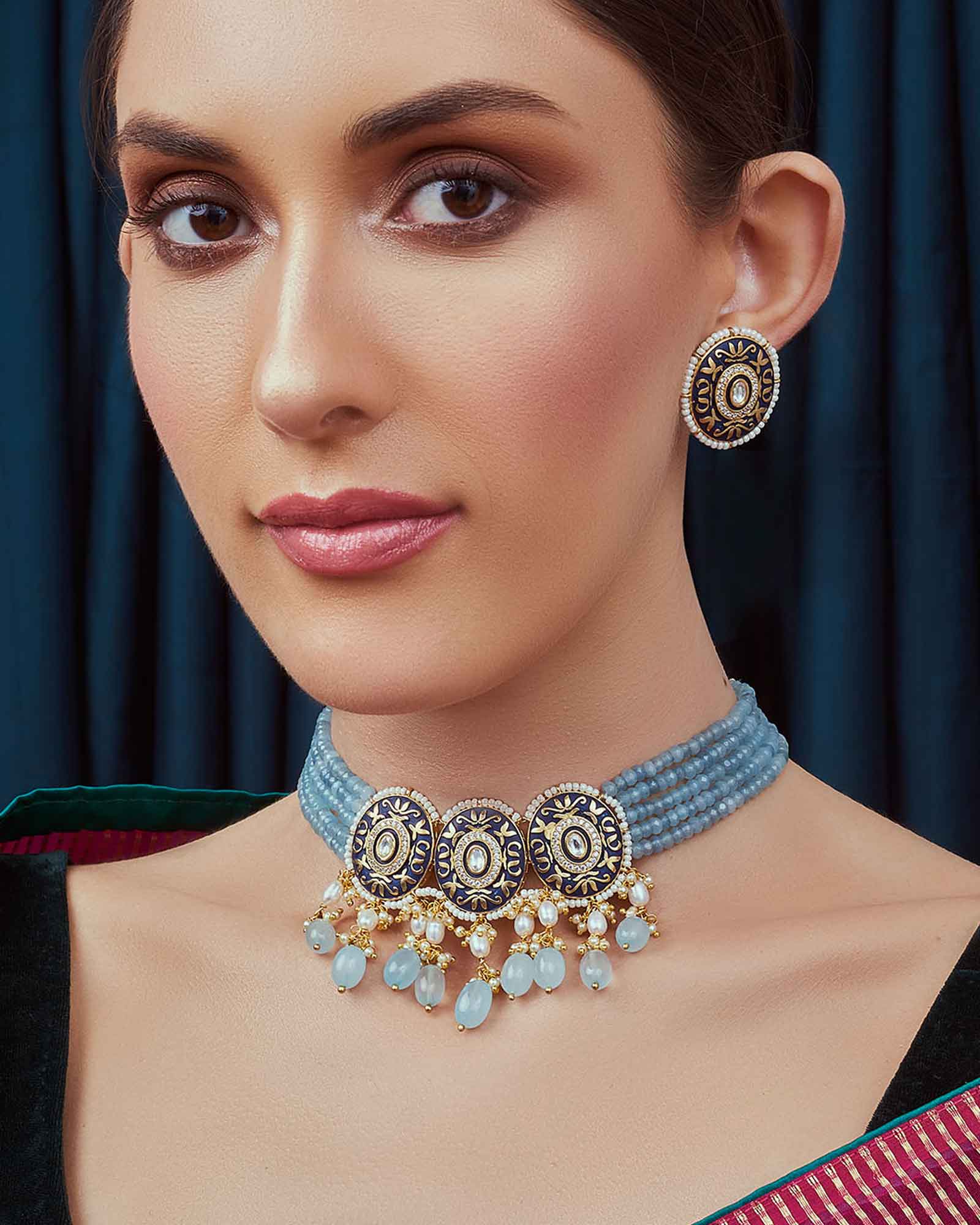 Orange White Blue Meenakari Pearl Necklace Set