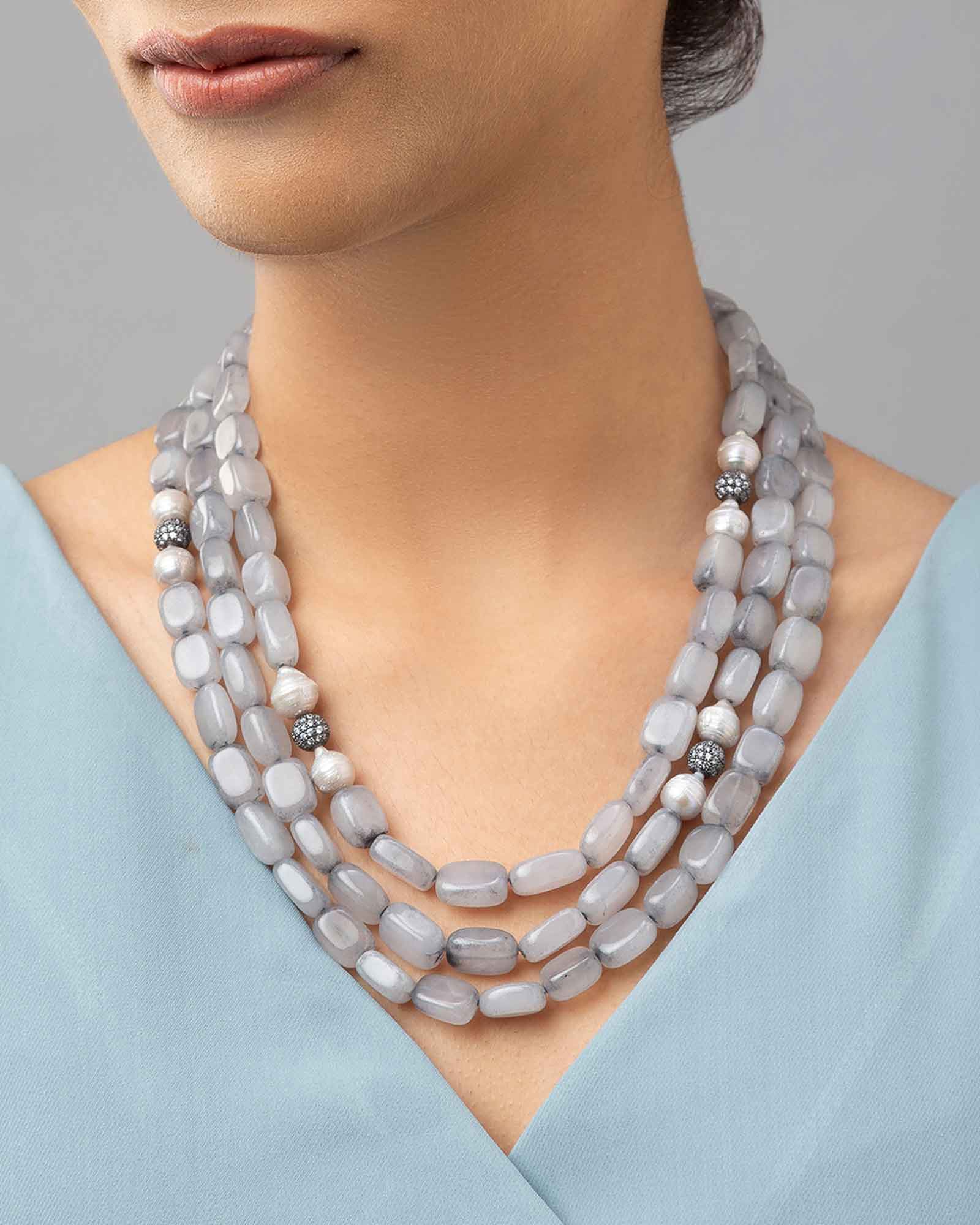 Grey Multi-Layered Necklace With Baroque Pearls