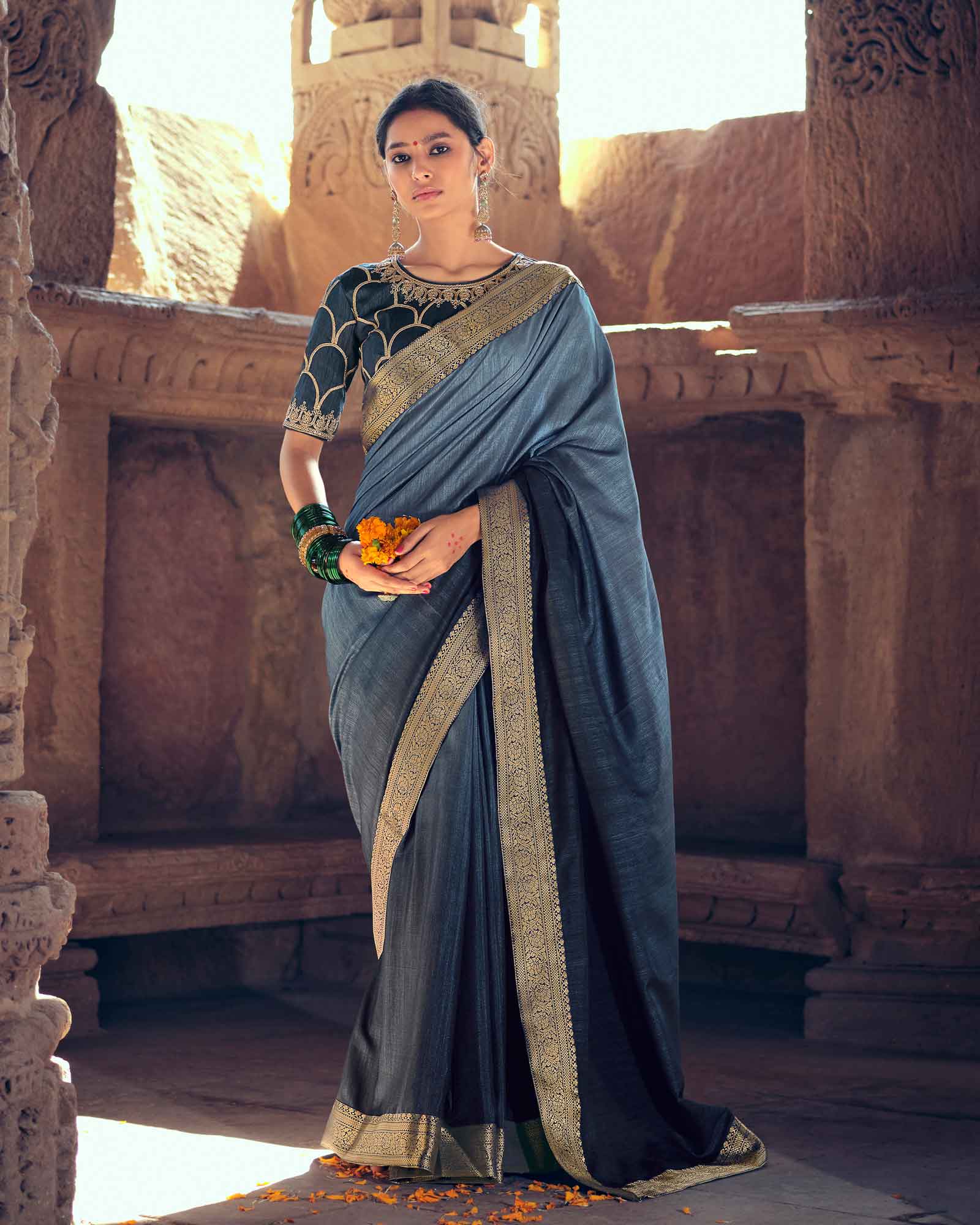 Dark Grey Vichitra Silk with Jacquard Border Saree