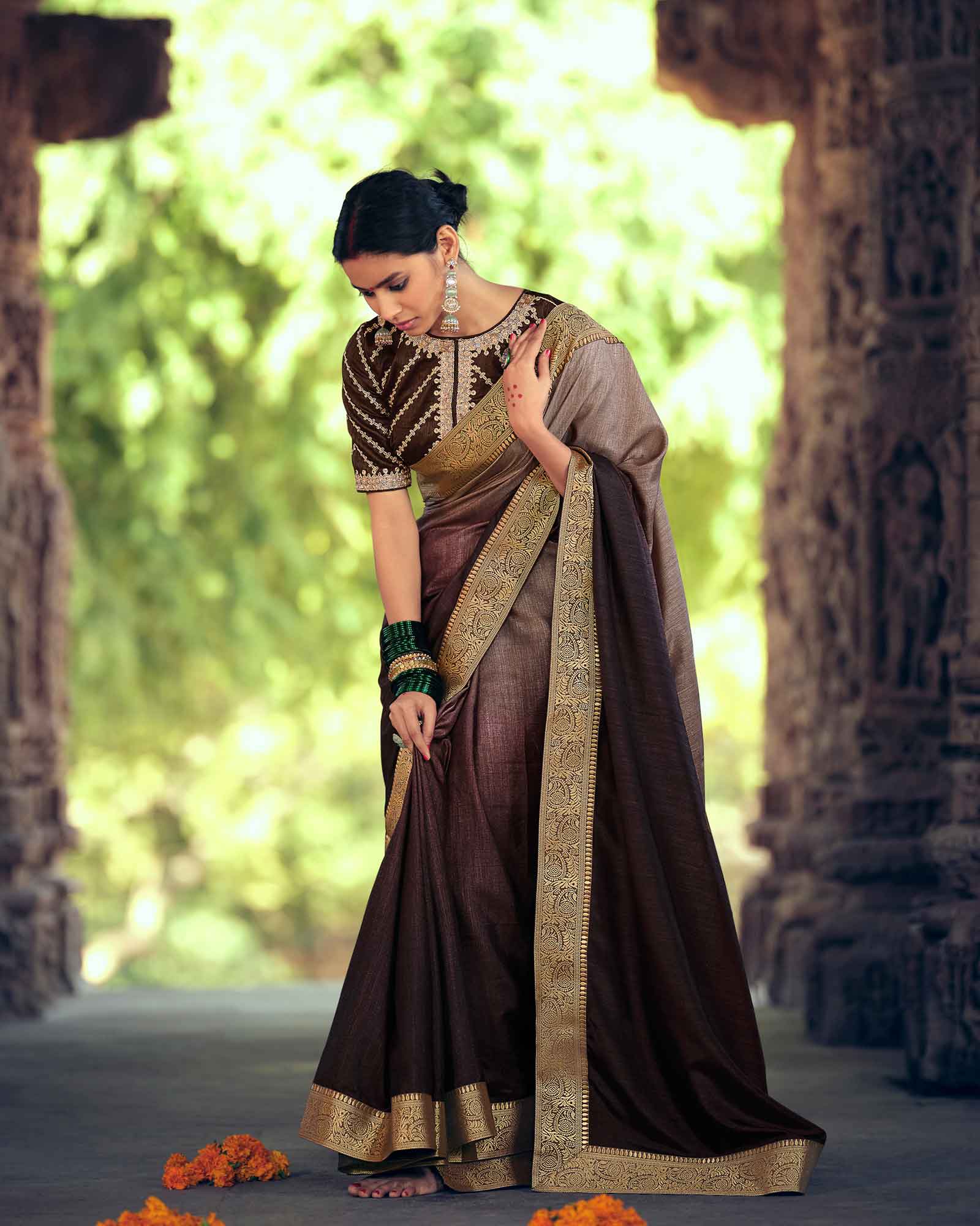 Dark Coffee And Beige Vichitra Silk with Jacquard Border Saree
