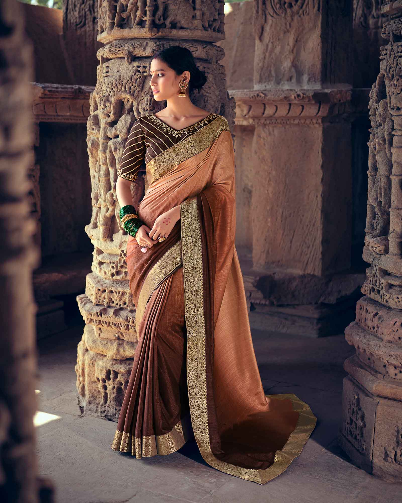 Brown And Light Peach Vichitra Silk with Jacquard Border Saree
