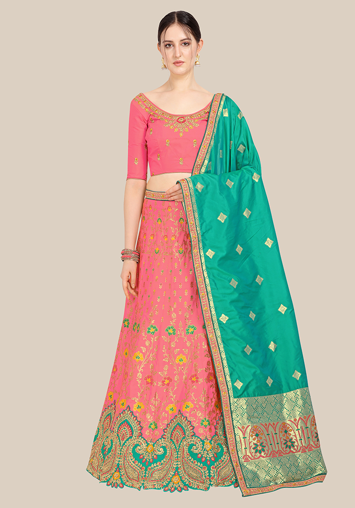 Pink Banarasi Semi Stitched Lehenga & Choli with Dupatta