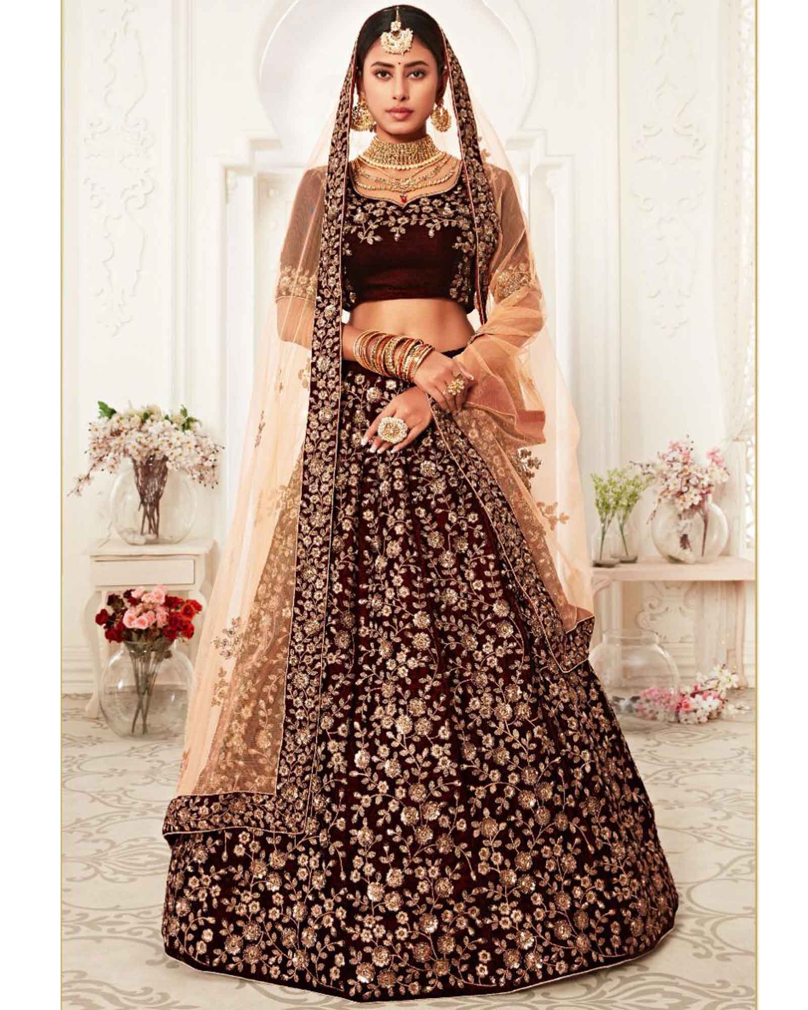 Maroon Sequins Work Velvet Lehenga Choli
