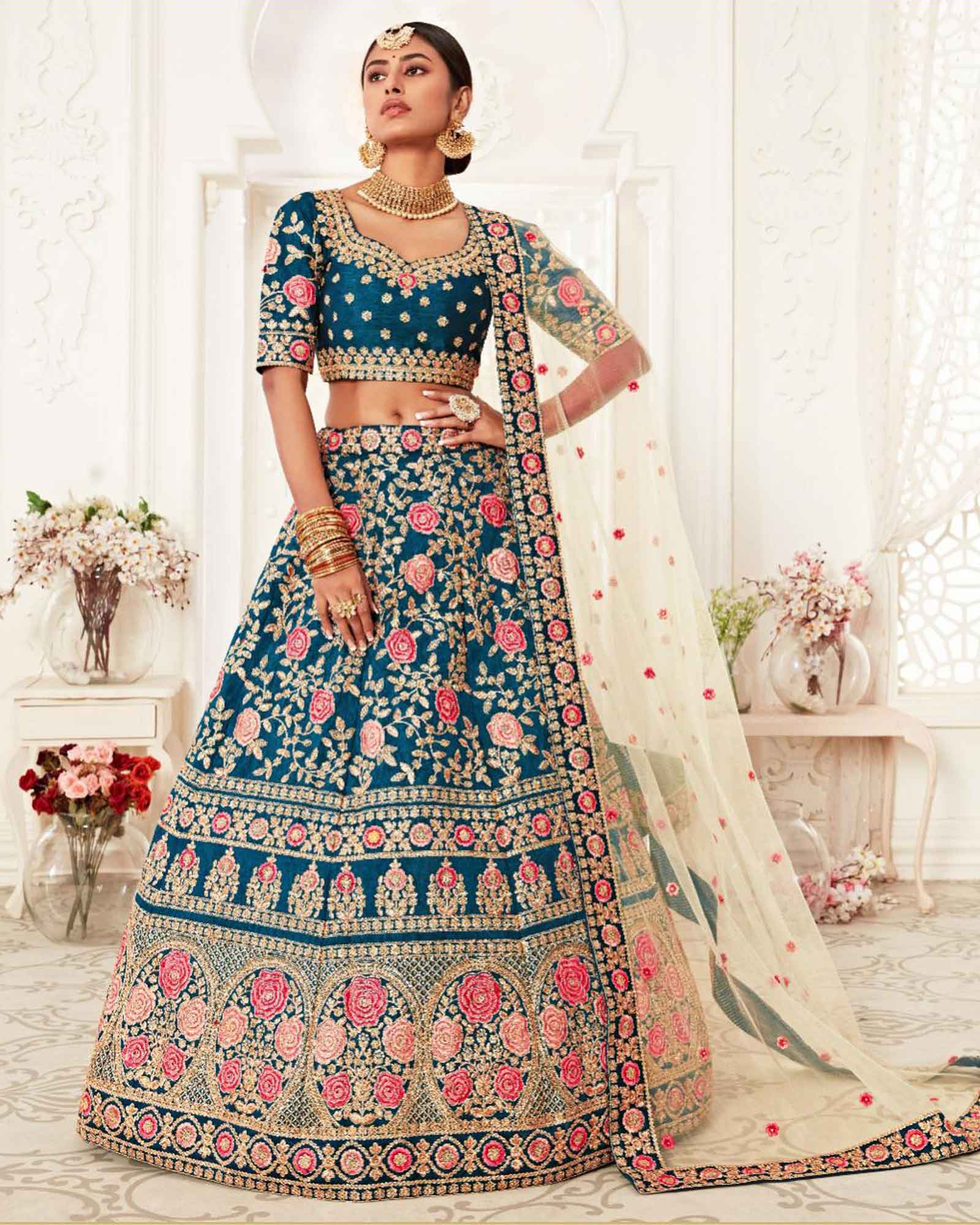 Teal Blue Sequins Work Silk Lehenga Choli