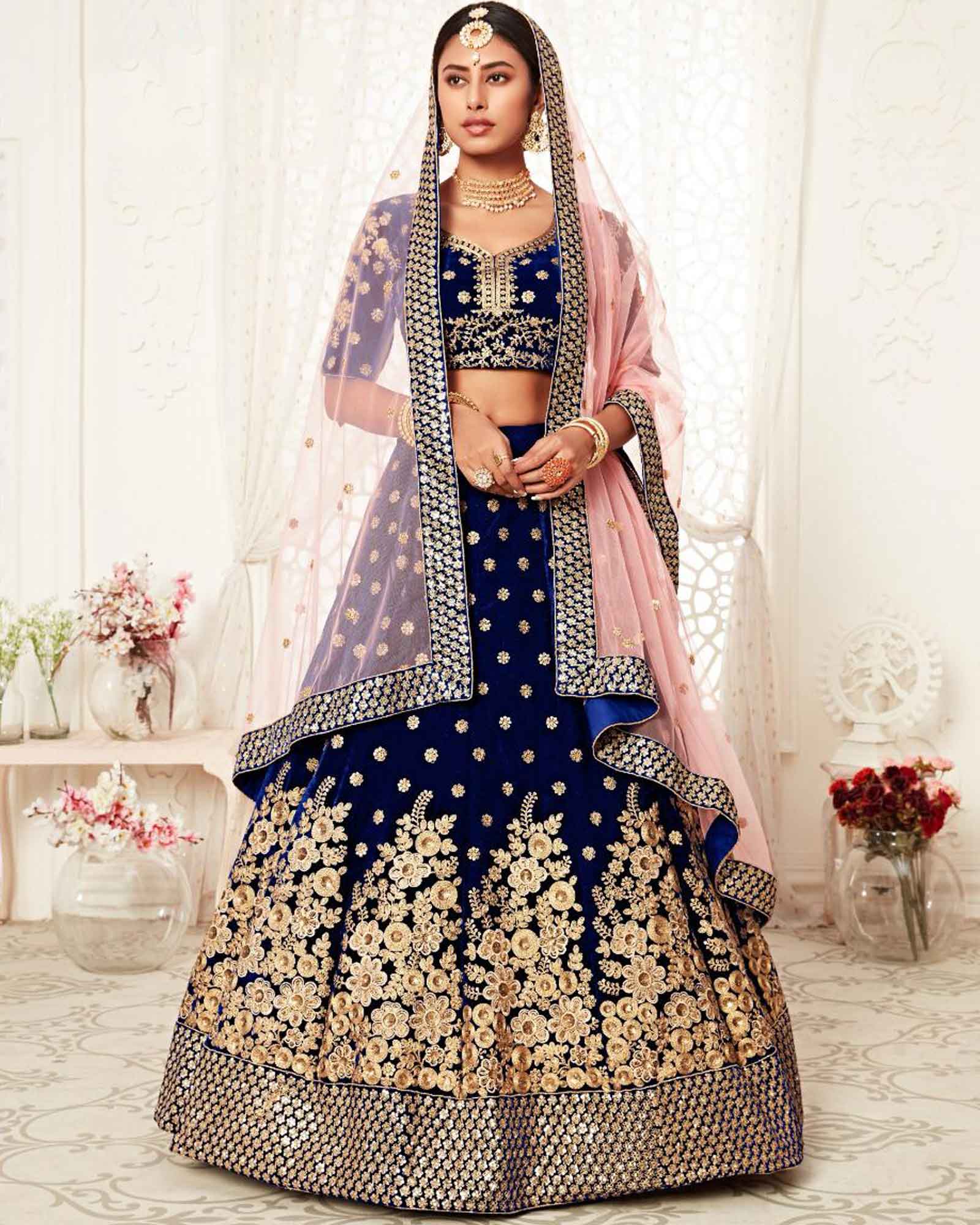 Dark Blue Sequins Work Velvet Lehenga Choli