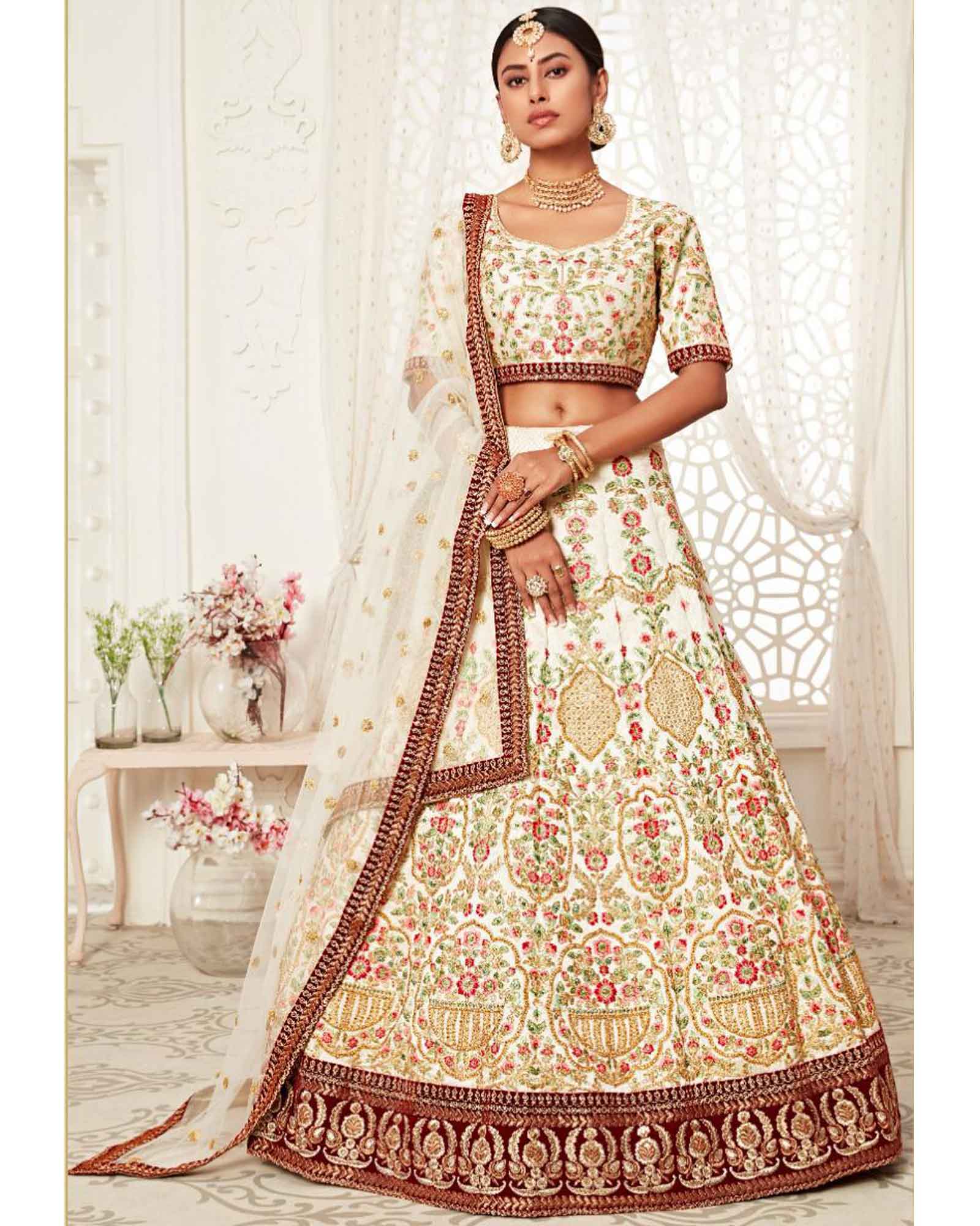 Off White Art Silk Embroidered Bridal Lehenga Choli
