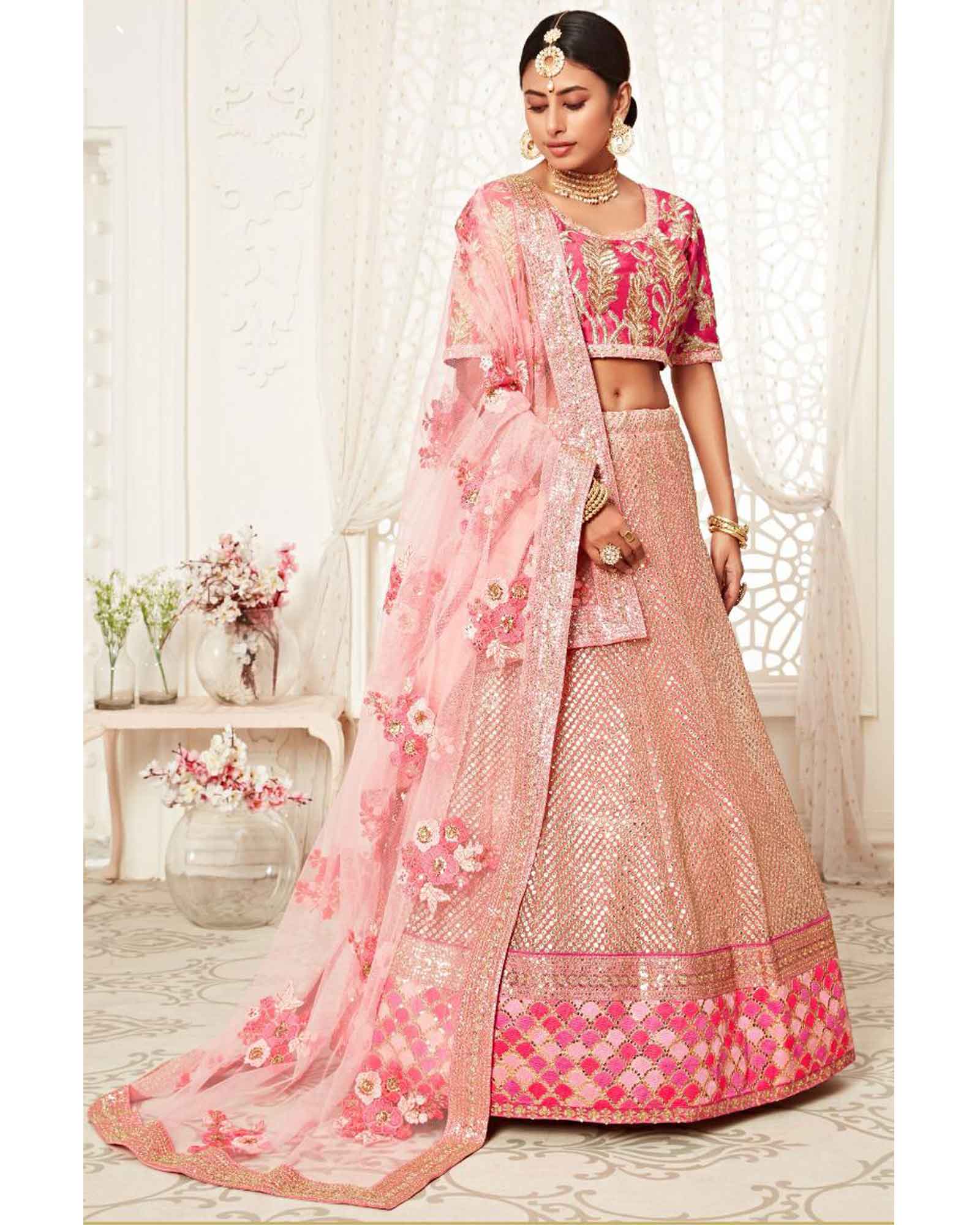 Light Pink Sequins Embroidered Net Bridal Lehenga Choli