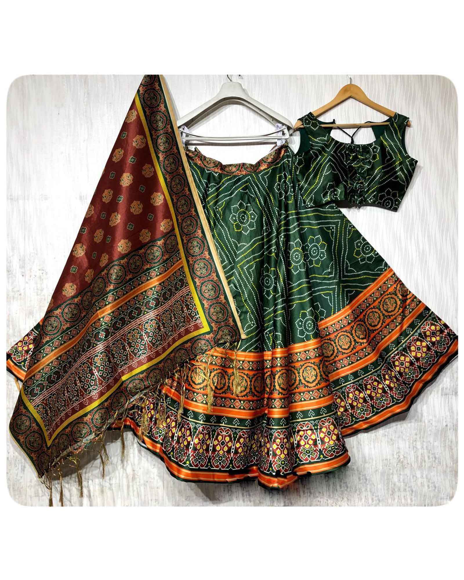 Dark Green and Maroon Patola Print Silk Lehenga Choli