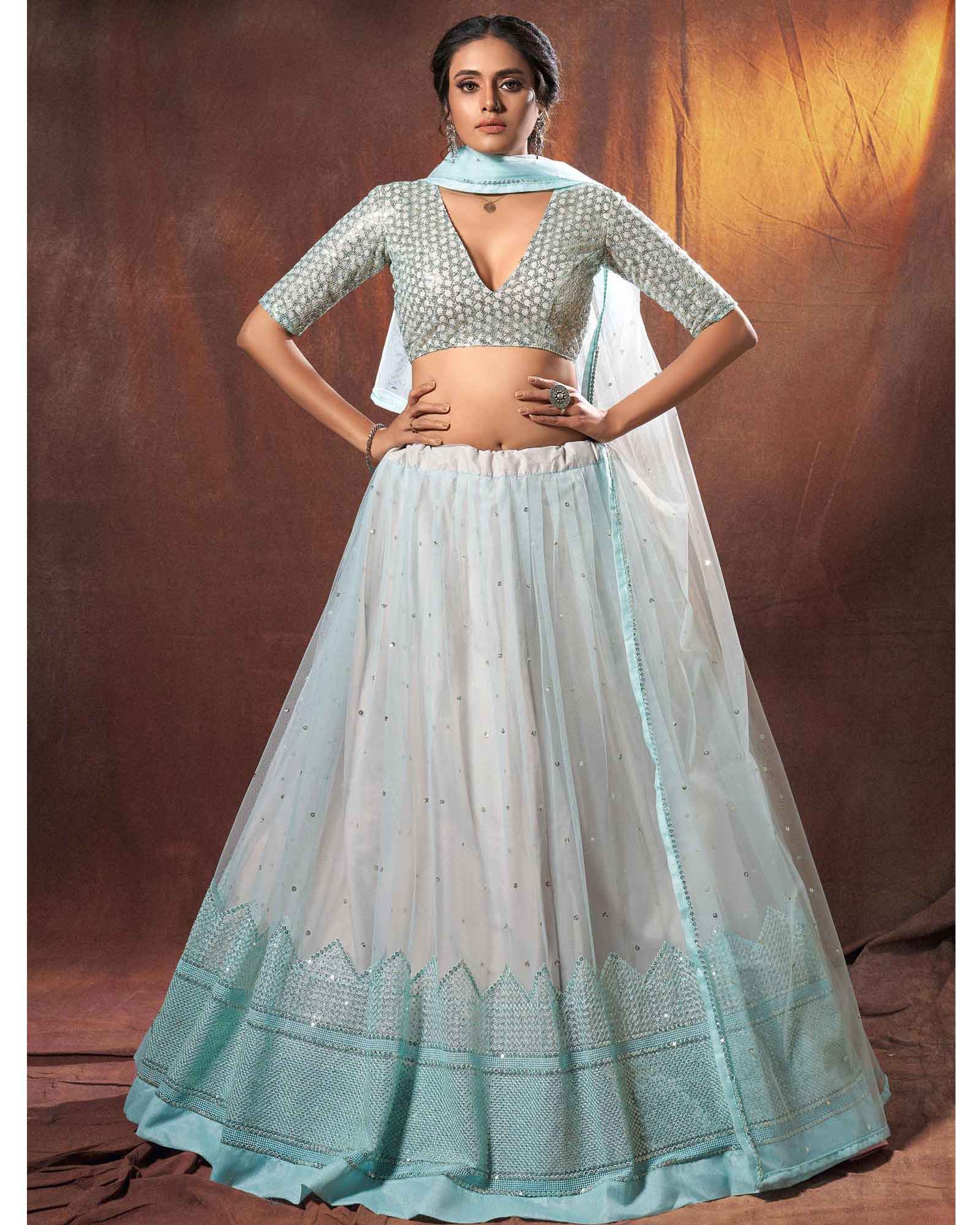 Teal Blue Sequins Lehenga Choli