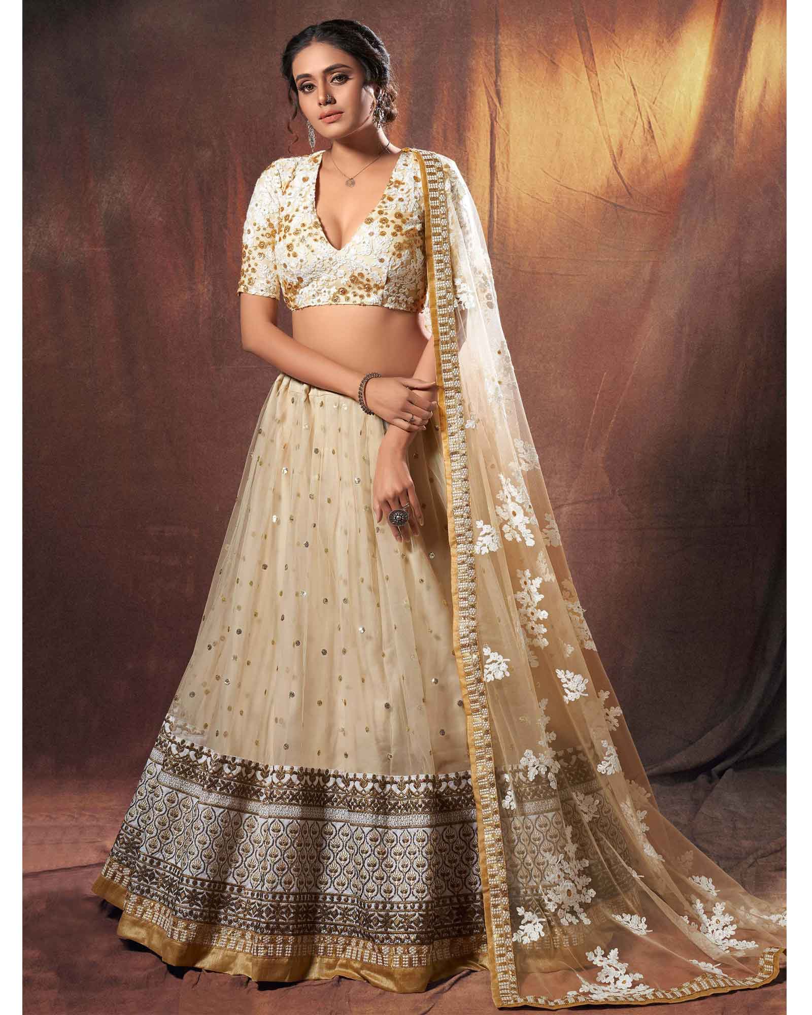 Cream Net Designer Sequins Worked Lehenga Choli