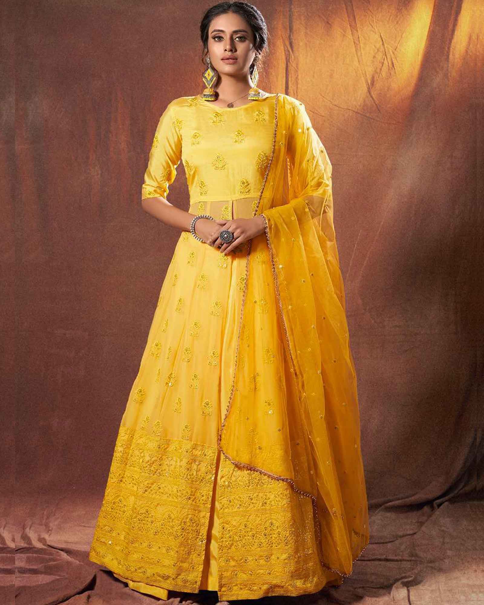 Yellow Georgette Jacket Style Lehenga Choli