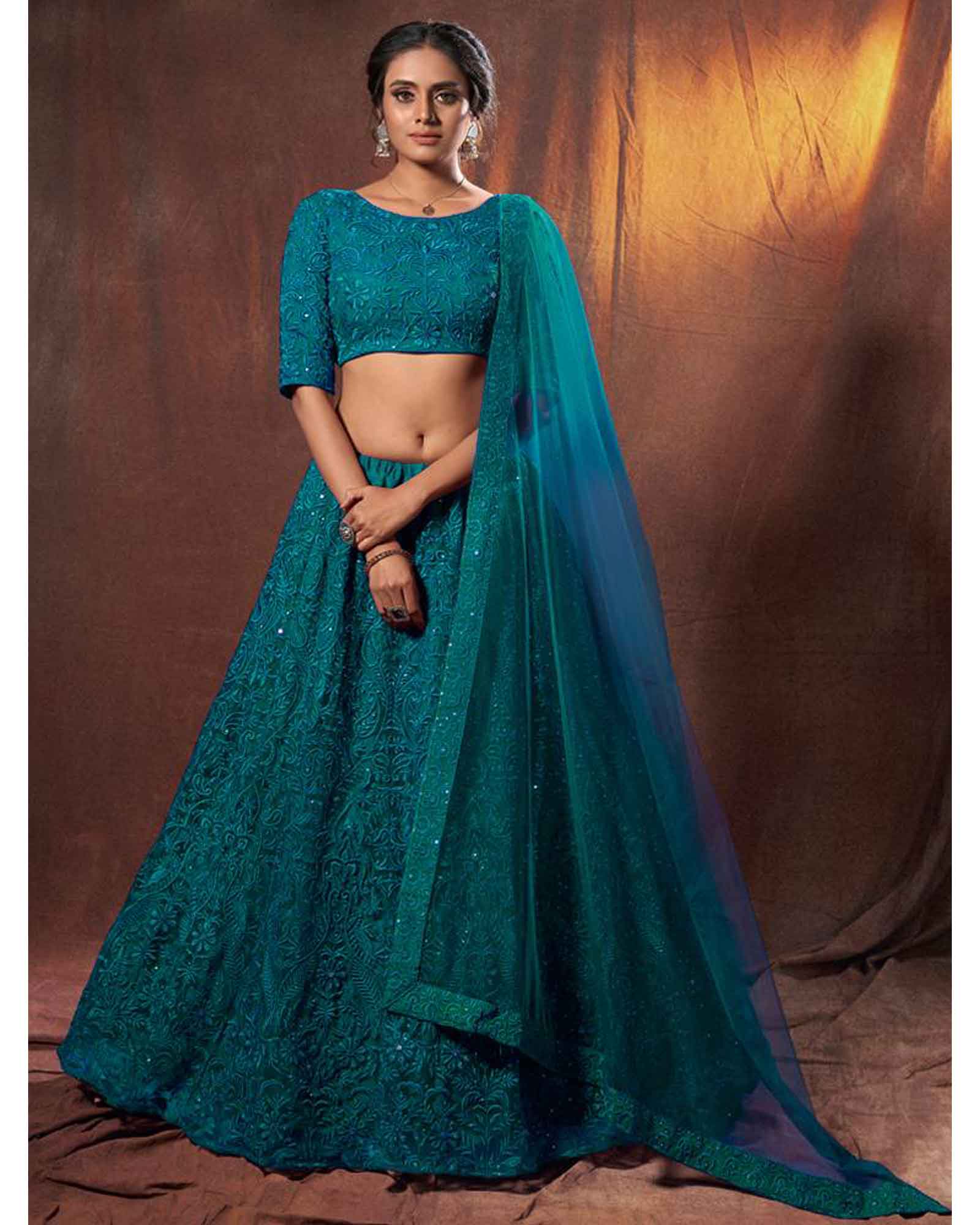 Teal Green Net Designer All Over Embroidered Lehenga Choli with Sequins Work