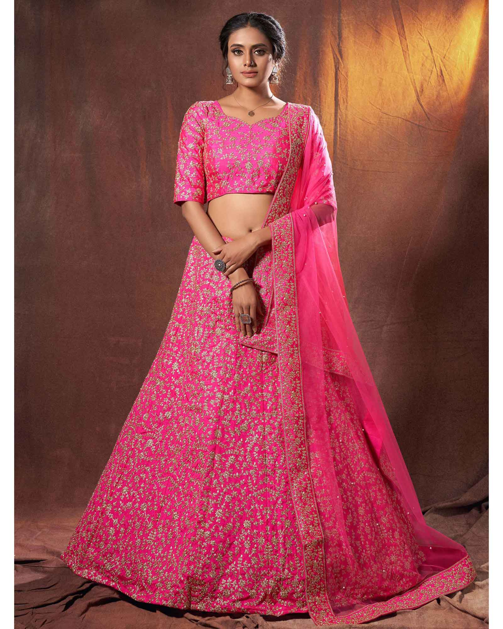 Rani Pink Art Silk Designer All Over Embroidered Lehenga Choli