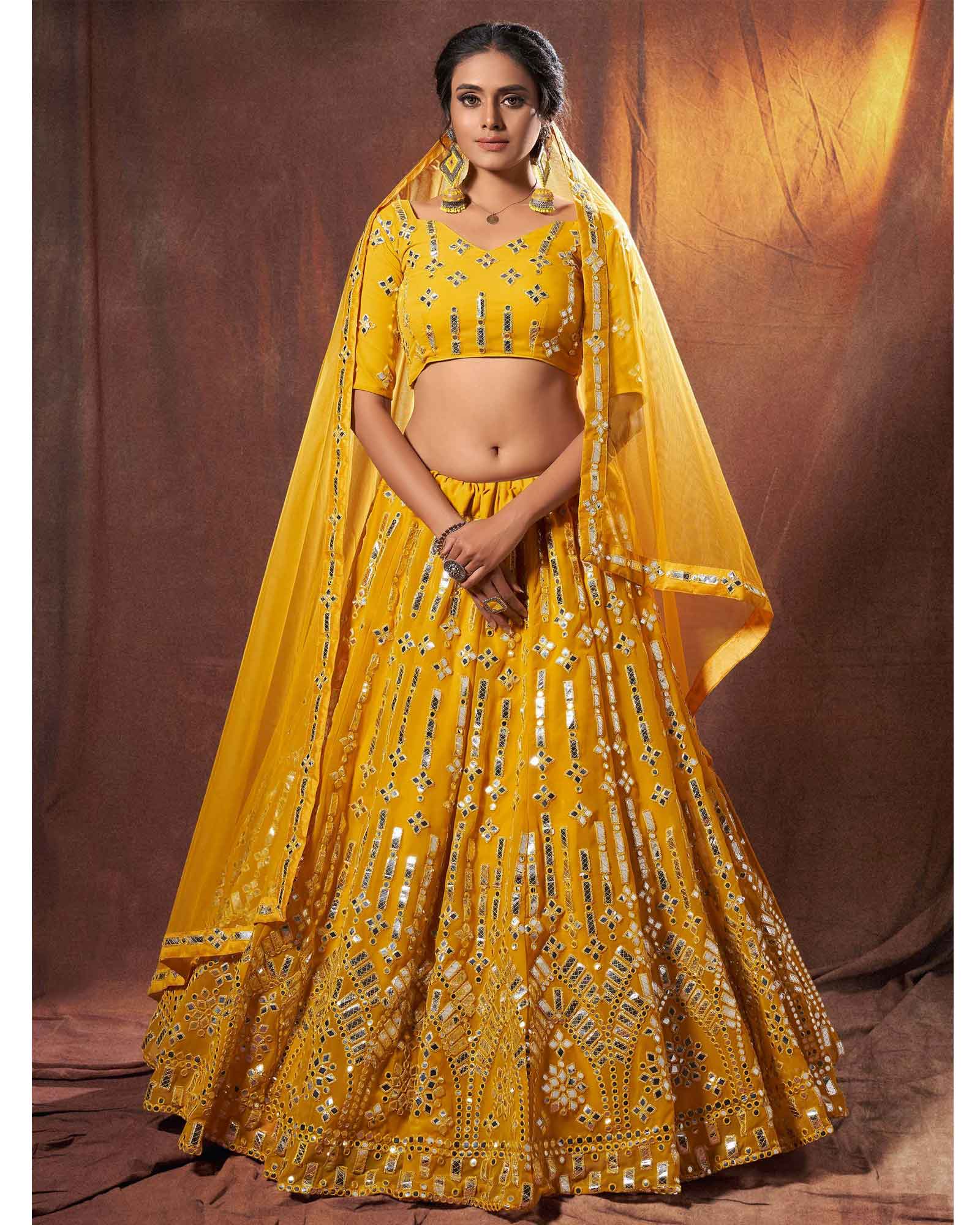 Yellow Georgette Lehenga Choli with Applique Work