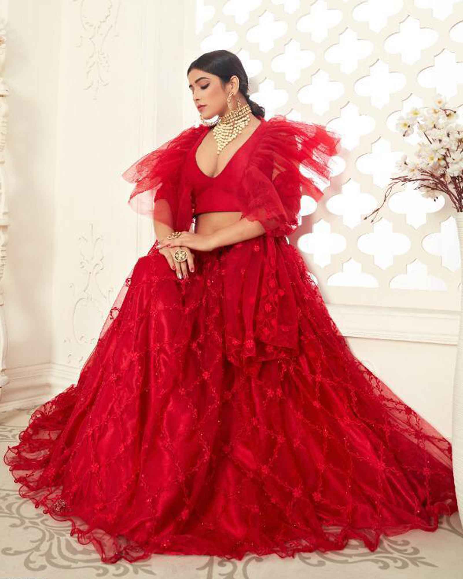 Red Bridal Butterfly Net Lehenga Choli with Dupatta