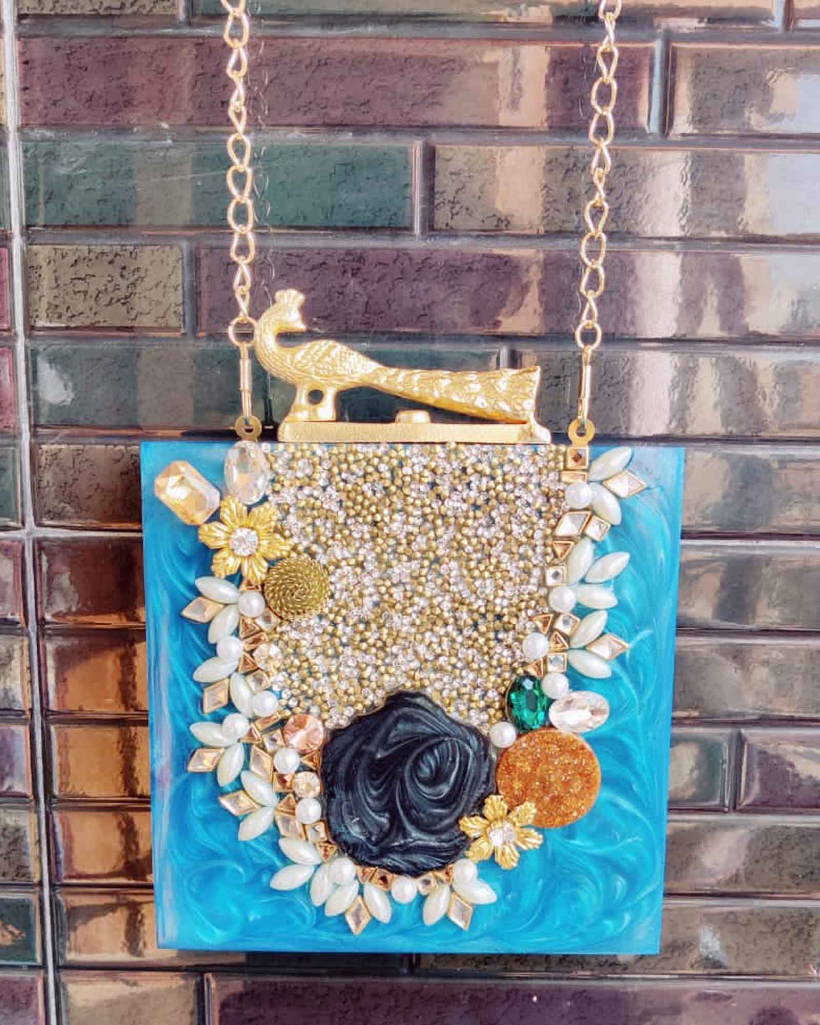 Pearl Blue Square Resin Clutch with Exclusive Design