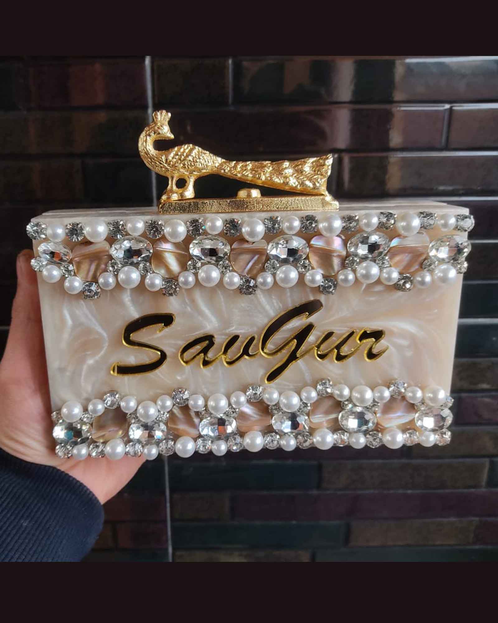 Cream Designer Rectangular Shape Resin Clutch 