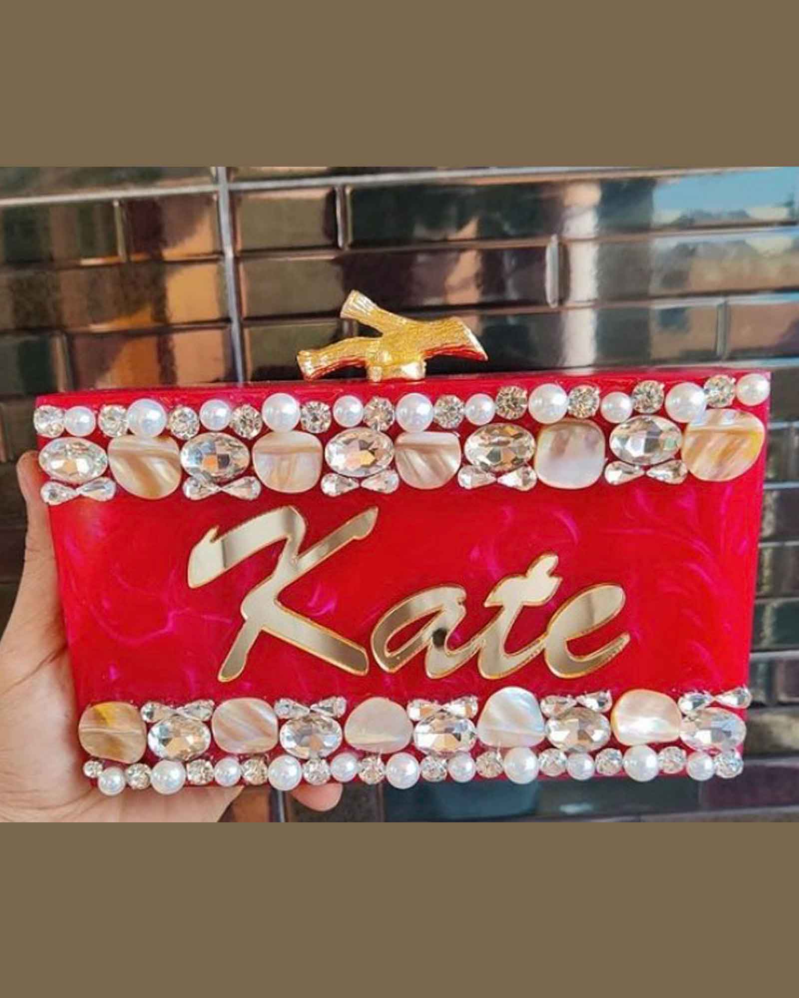 Red Designer Rectangular Shape Resin Clutch 