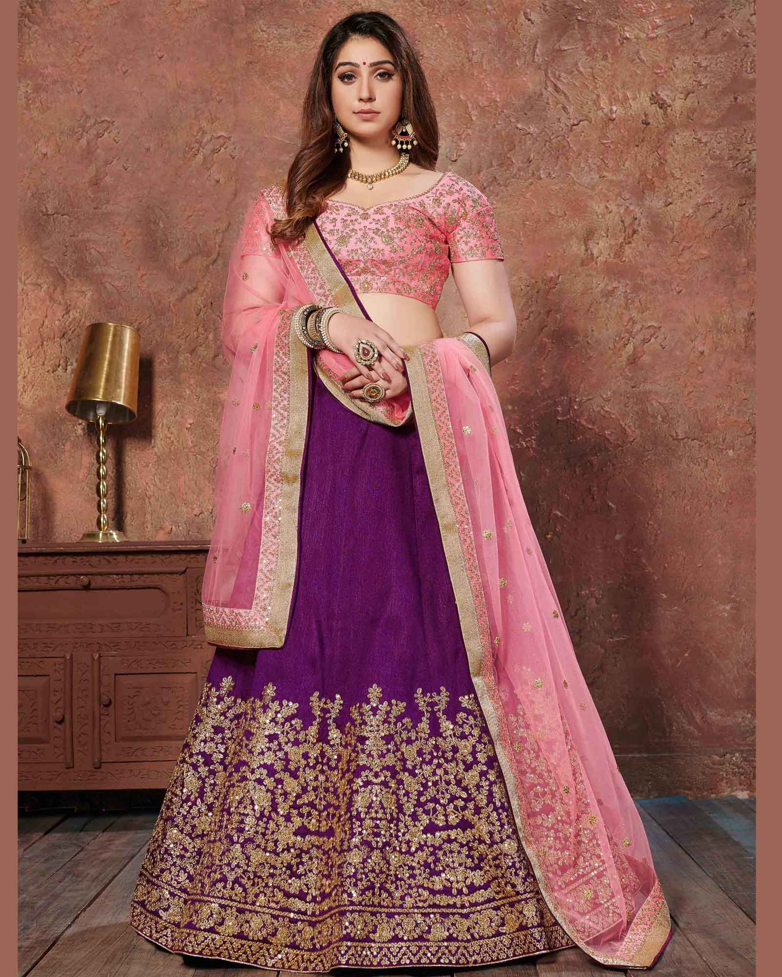 Purple Golden Zari Work Lehenga Choli With Pink Dupatta