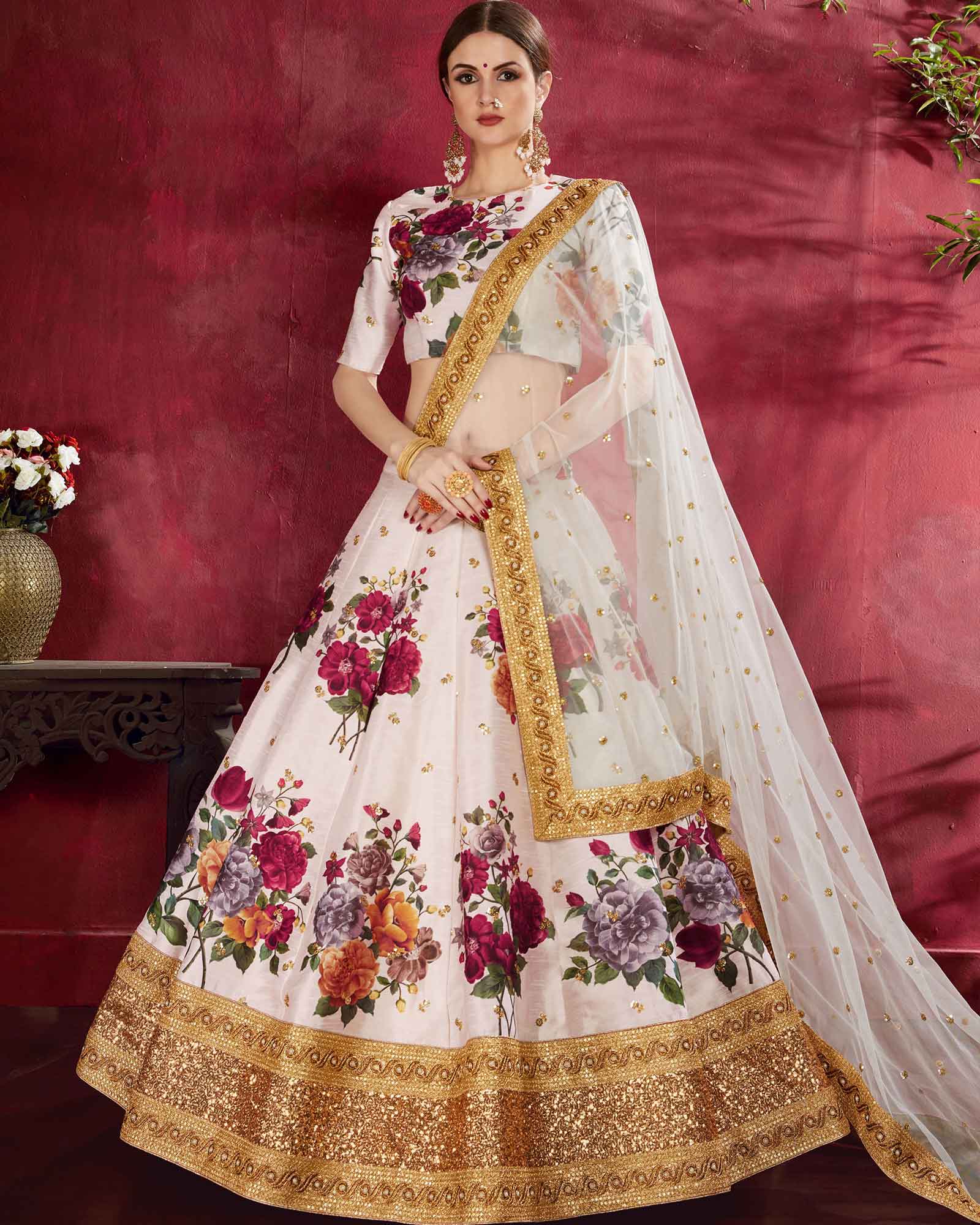 Pearl White Bangalore Satin Silk Lehenga Choli with Digital Floral Motif