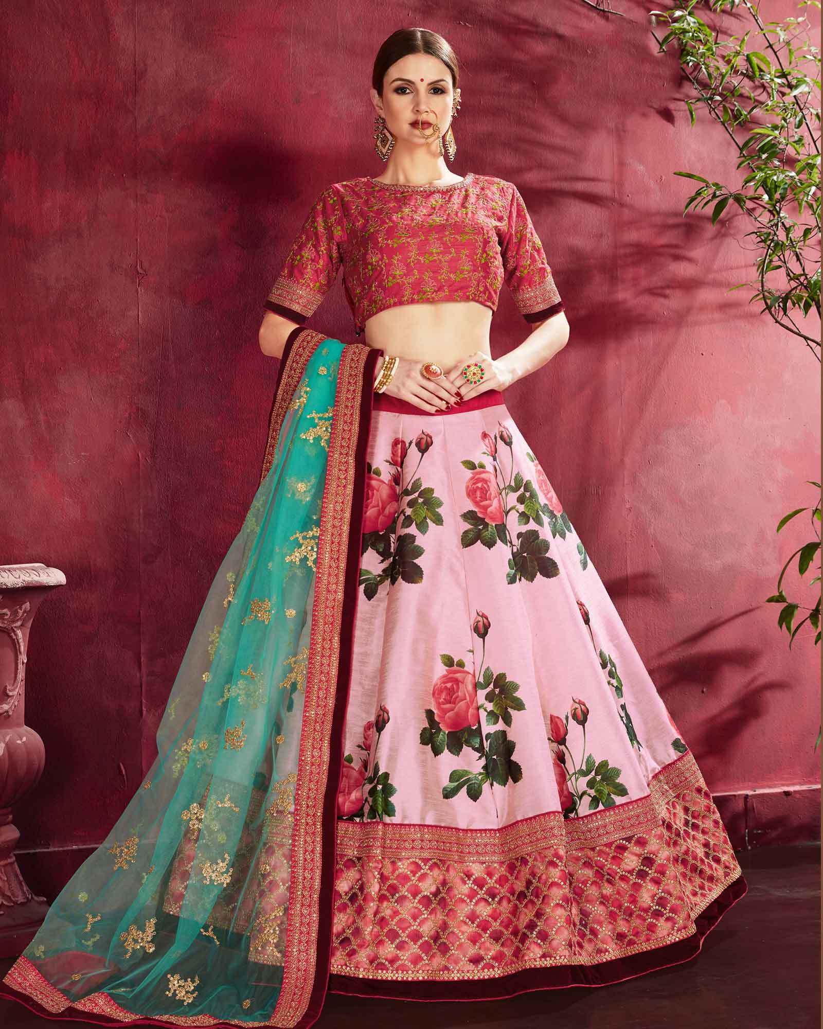 Pastel Pink Bangalore Silk Floral Printed Lehenga Choli with Sequinsed Border