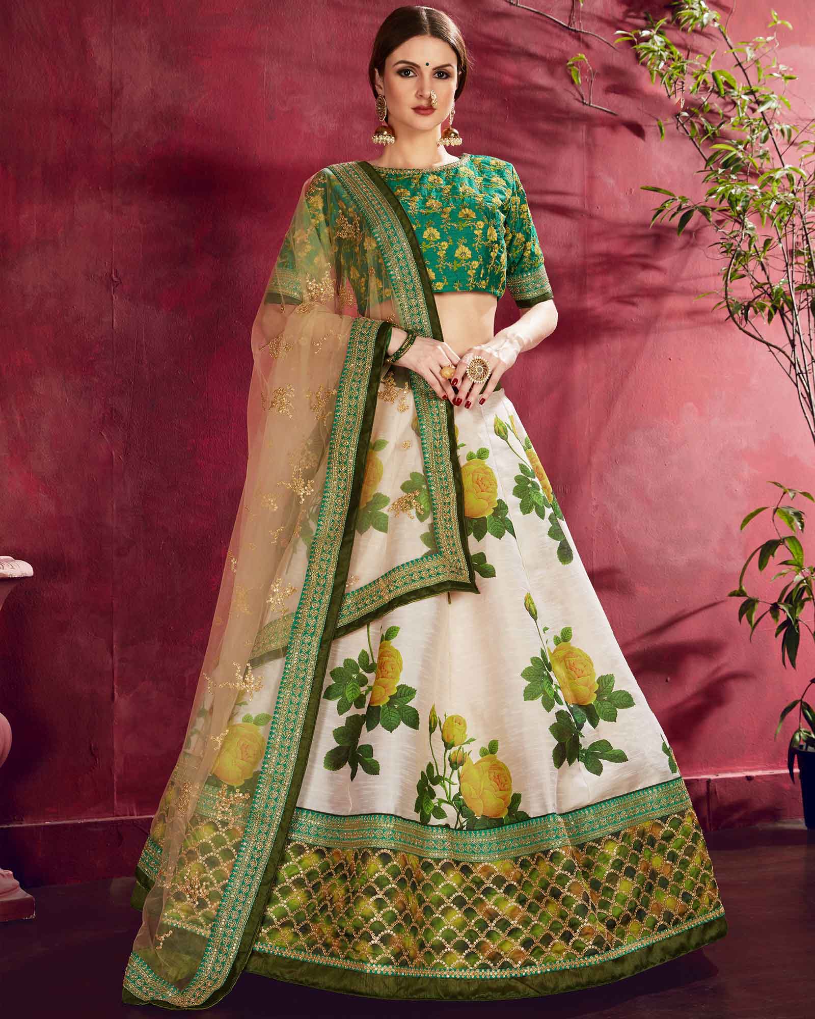 Designer Off-White Colored Digital Print And Embroidered Bangalore Silk Lehenga Choli
