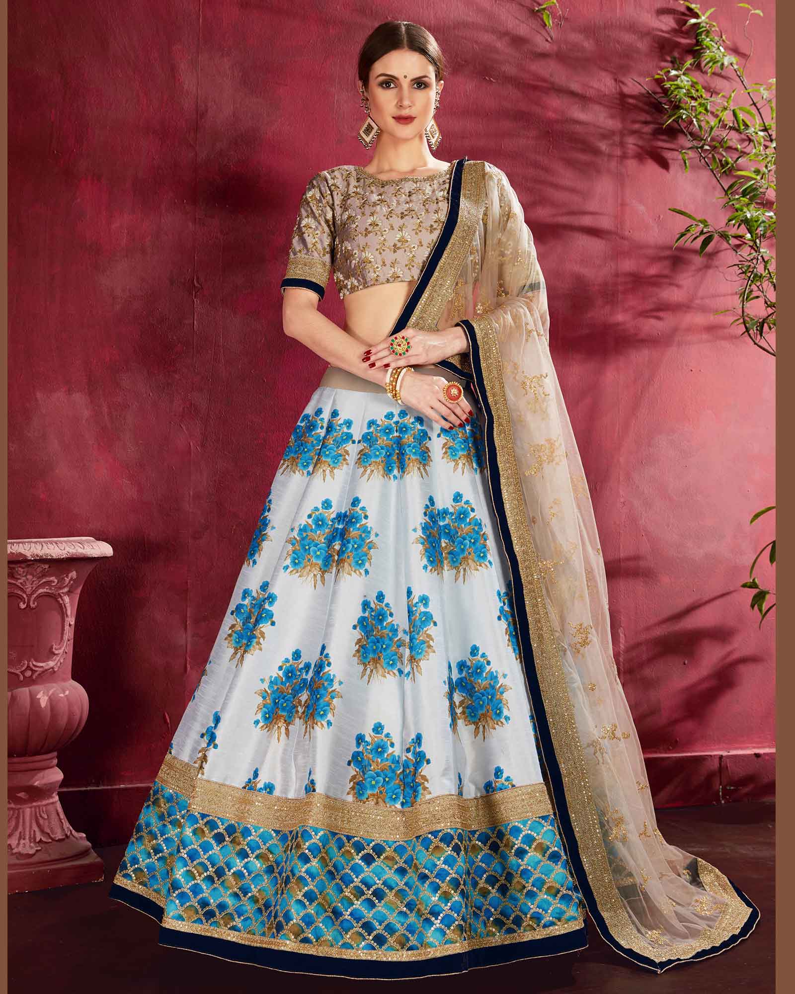 Off White Bangalore Silk Flared Lehenga Choli with Blue Floral Motifs