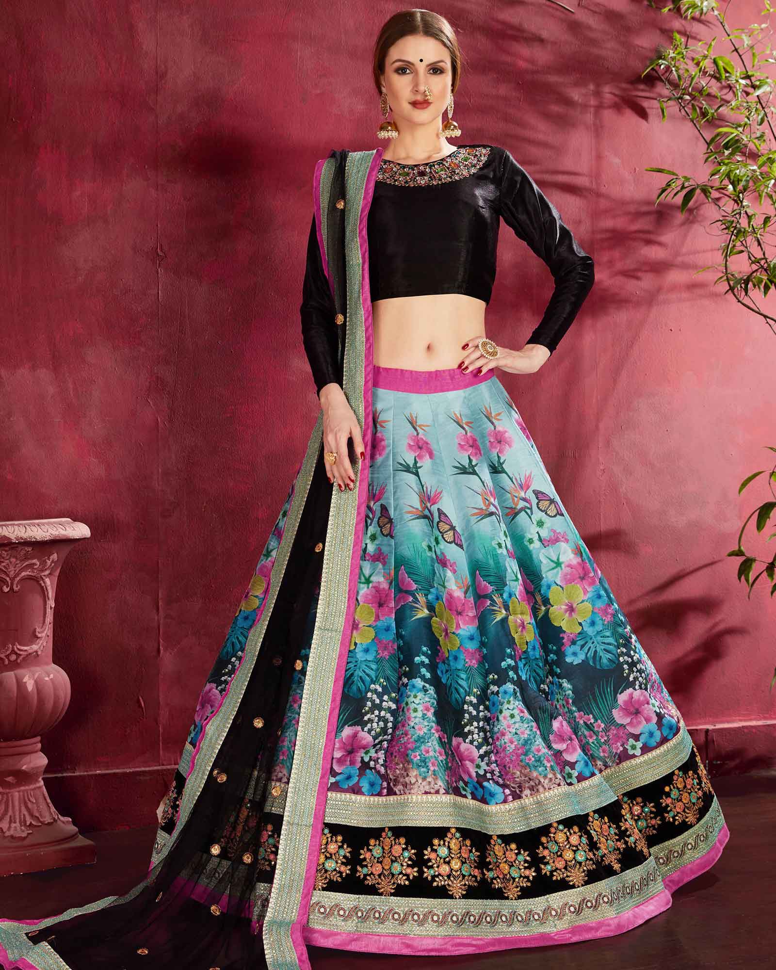 Blue Shaded Bangalore Silk Designer All Over Floral Digital Printed Lehenga Choli