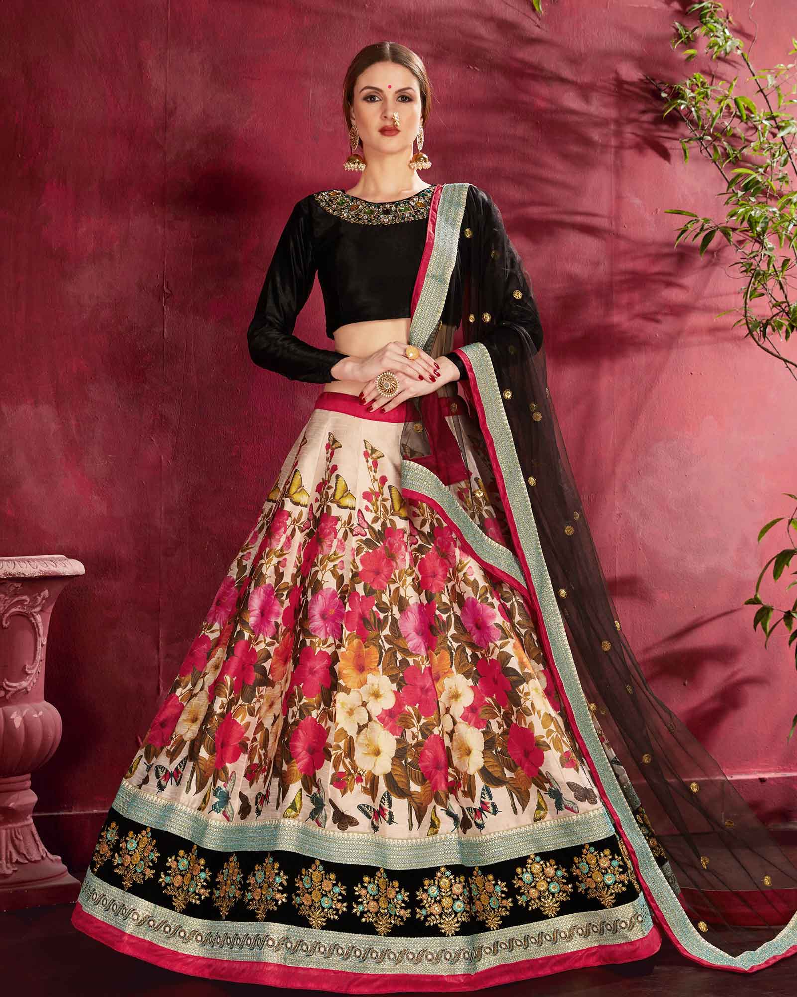 Cream Bangalore Silk Flared Lehenga Choli with Multi Colored Floral Digital Print