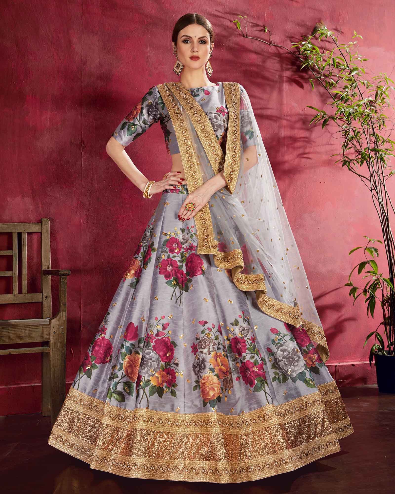 Grey Golden Lase Border Floral Printed Silk Lehenga Choli