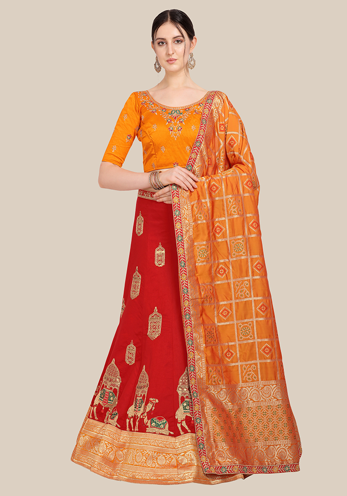 Red Designer semi stitched Lehenga & Choli with Dupatta