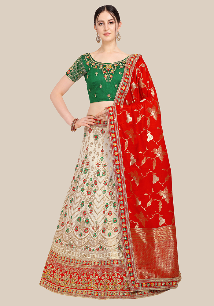 Off White Embellished Semi Stitched Lehenga & Choli with Dupatta