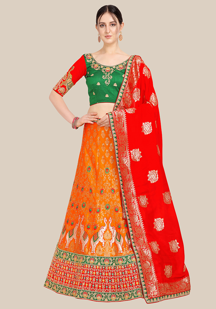 Orange Embellished Semi Stitched Lehenga & Choli with Dupatta