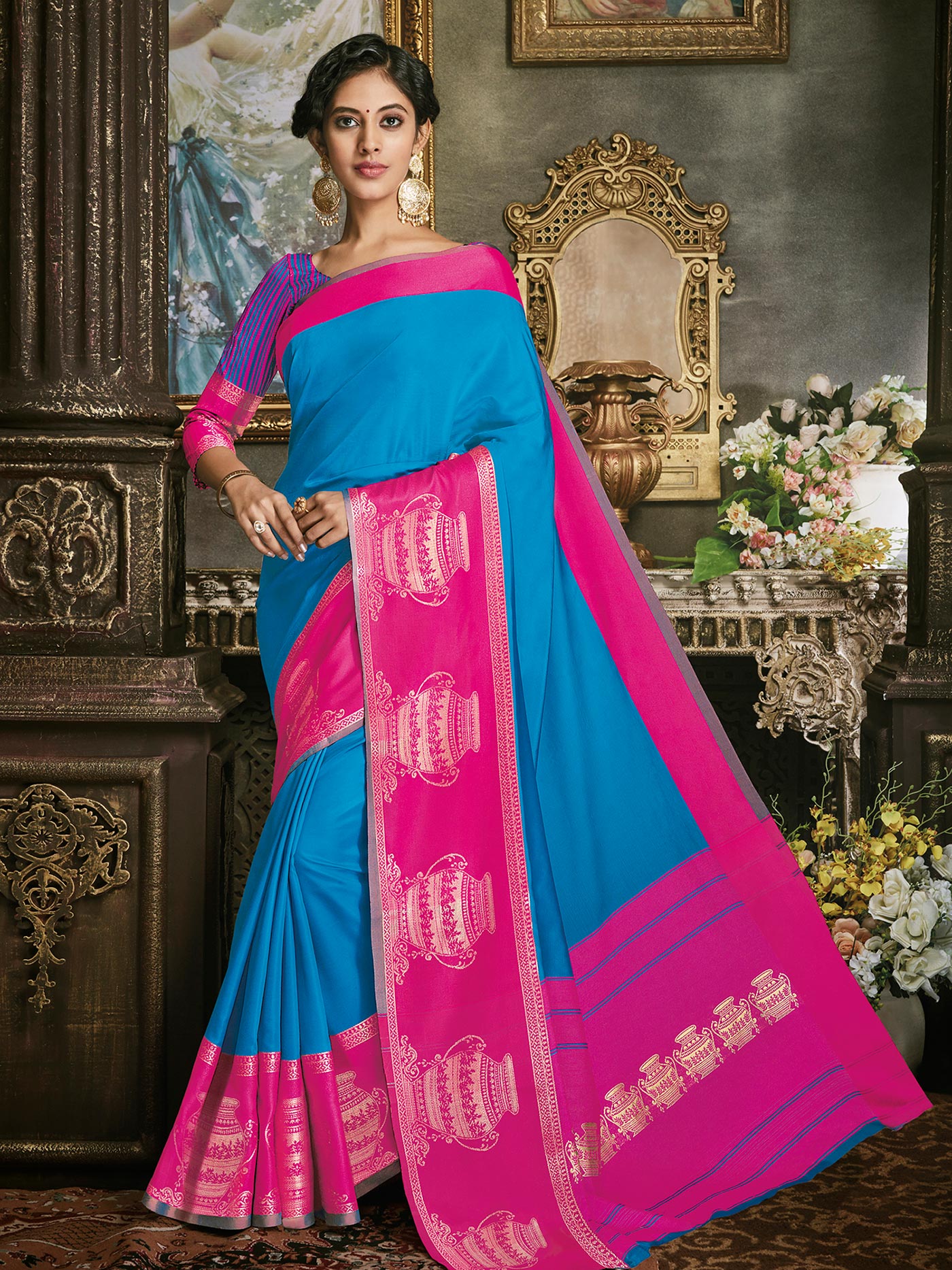 Blue Art Silk Jacquard Saree