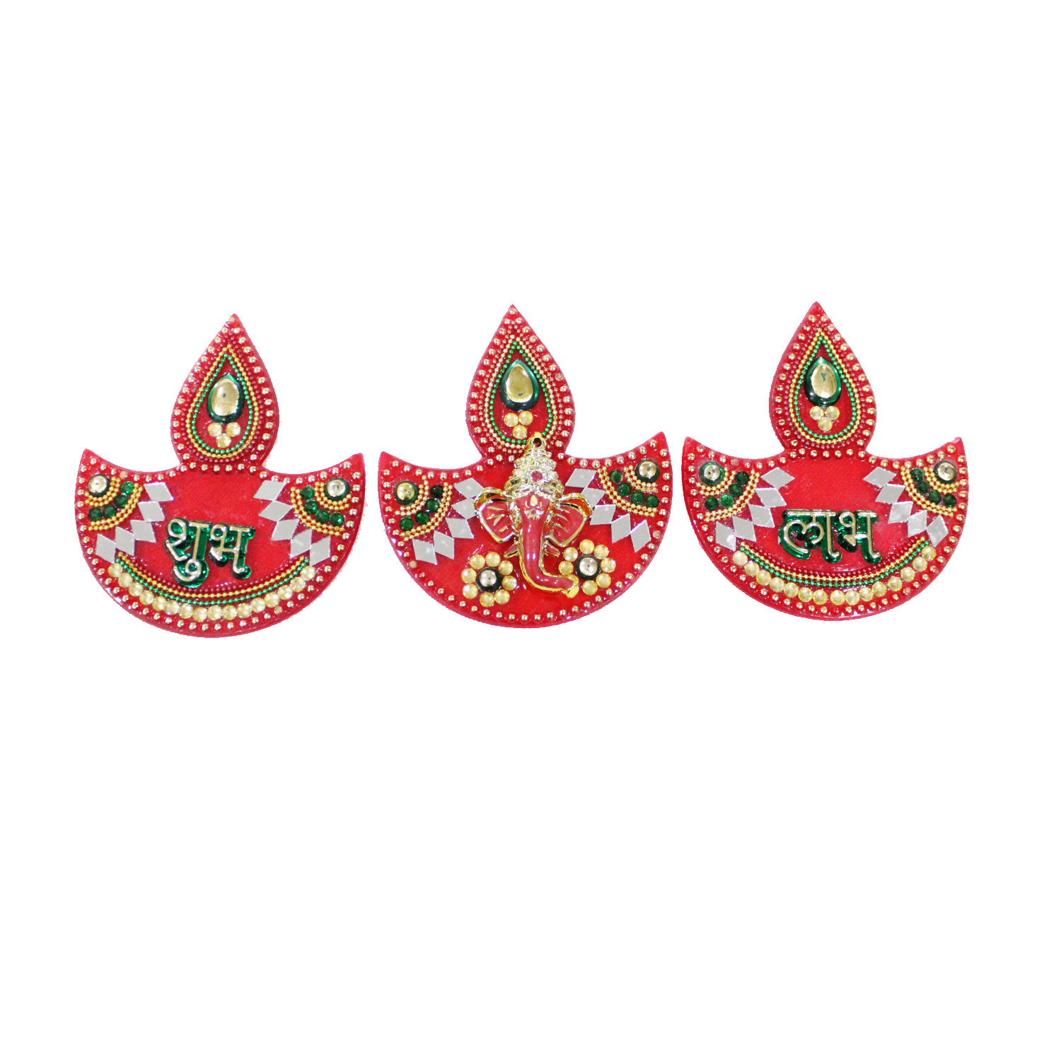 Red Acrelic Diamond & Mirror Studded Ganpati Labh Shubh