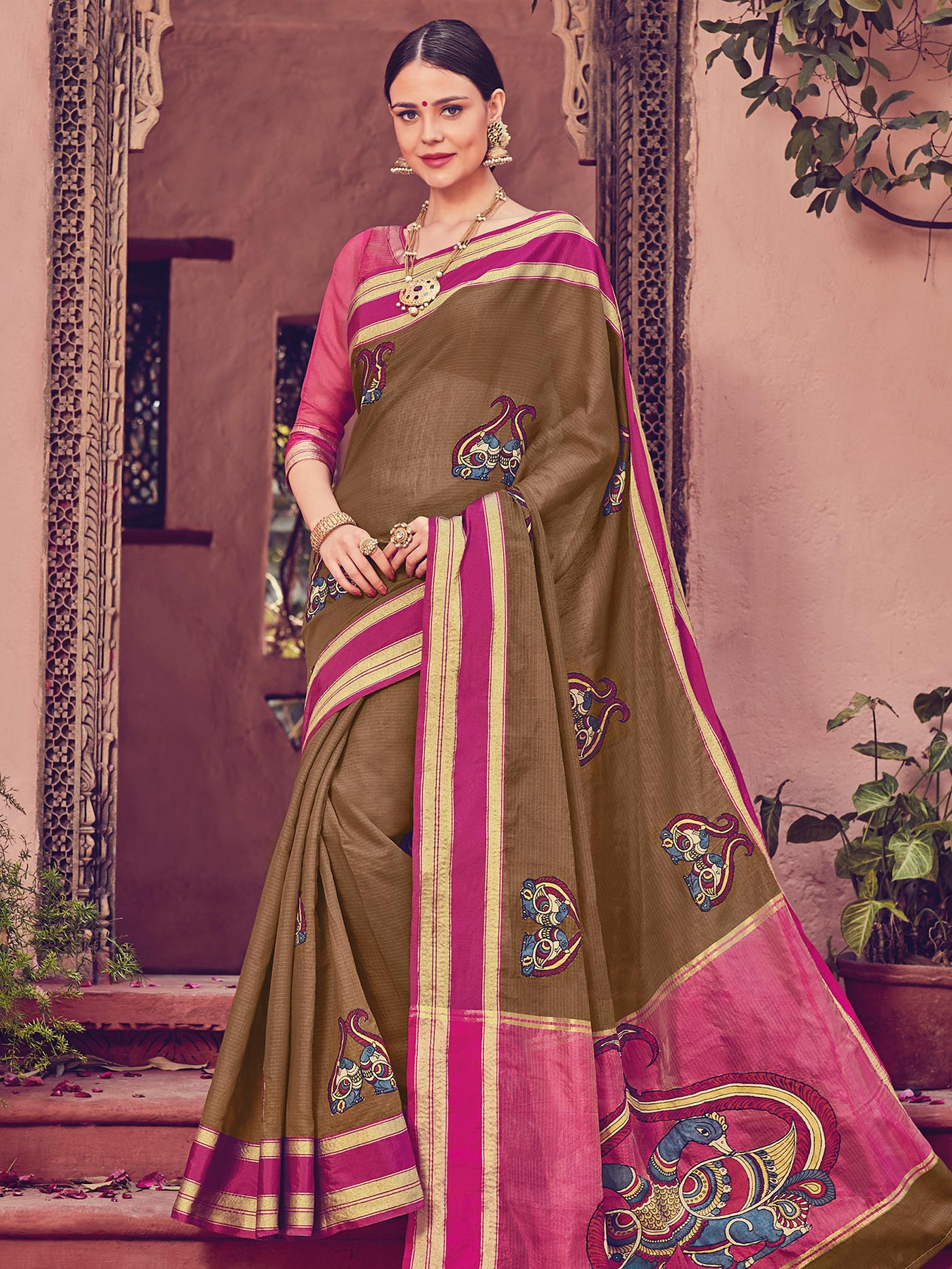 Brown Art Silk Printed Saree