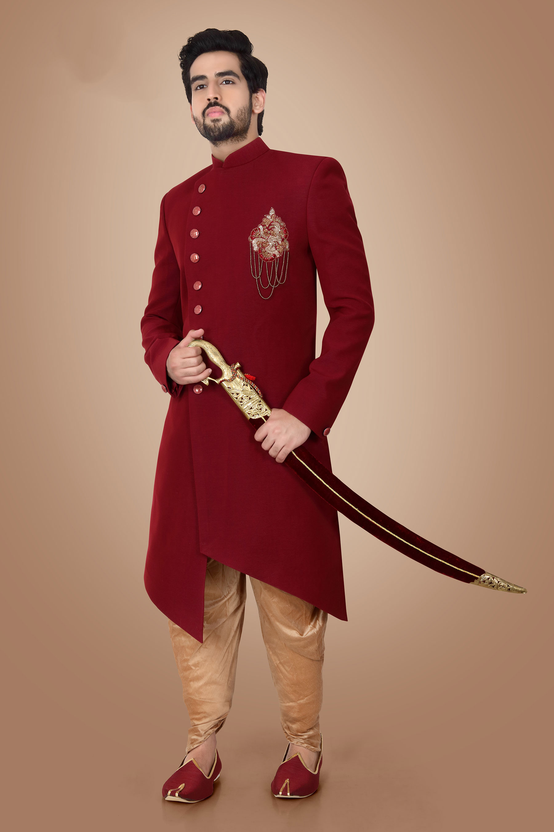 Maroon Zardosi Embroidery Terry Rayon Indowestern Set P-66