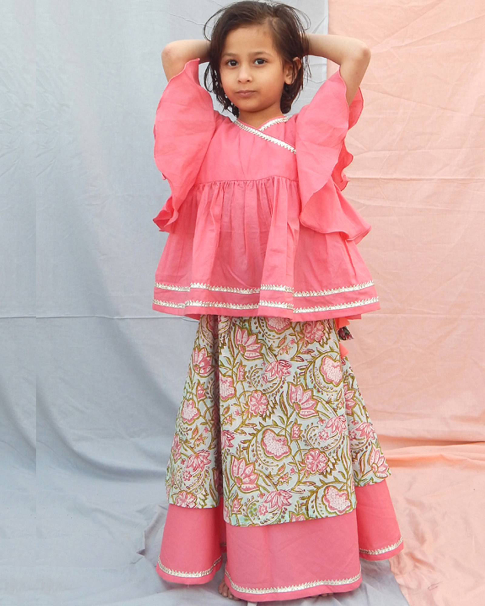  Peach Angrakha Top with Hand Block Lehenga