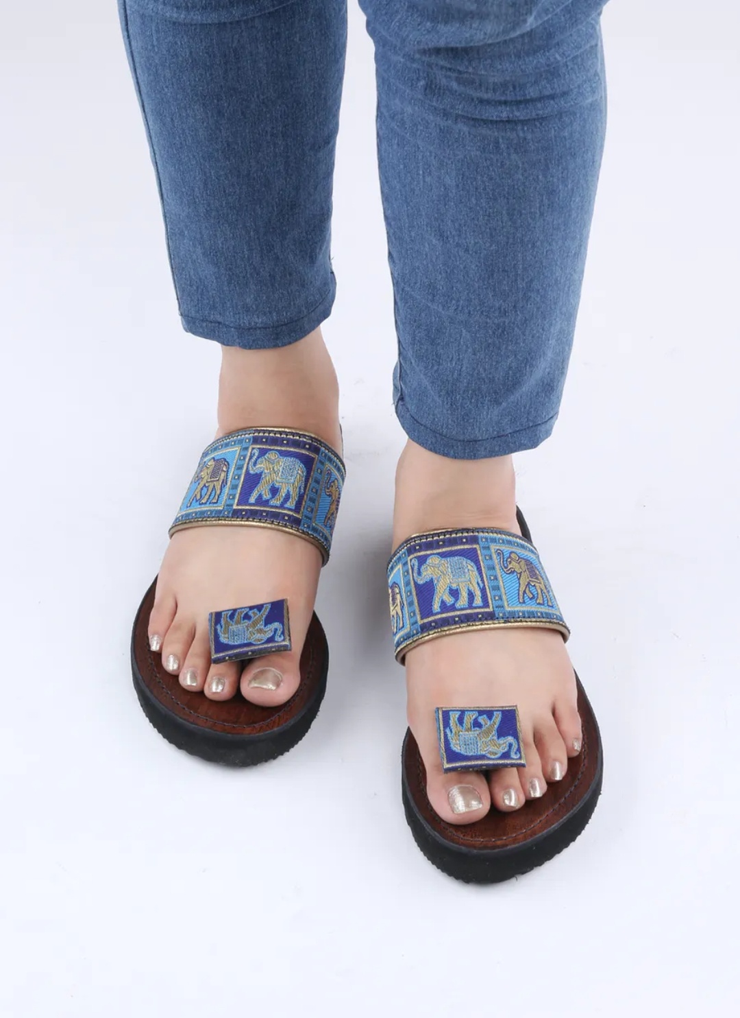 Blue Elli Embroidered Solid Hue Leather kolhapuris