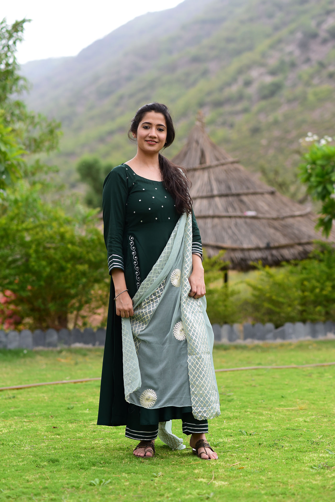 Green Flared Kurta with Plazzo Pant and Dupatta