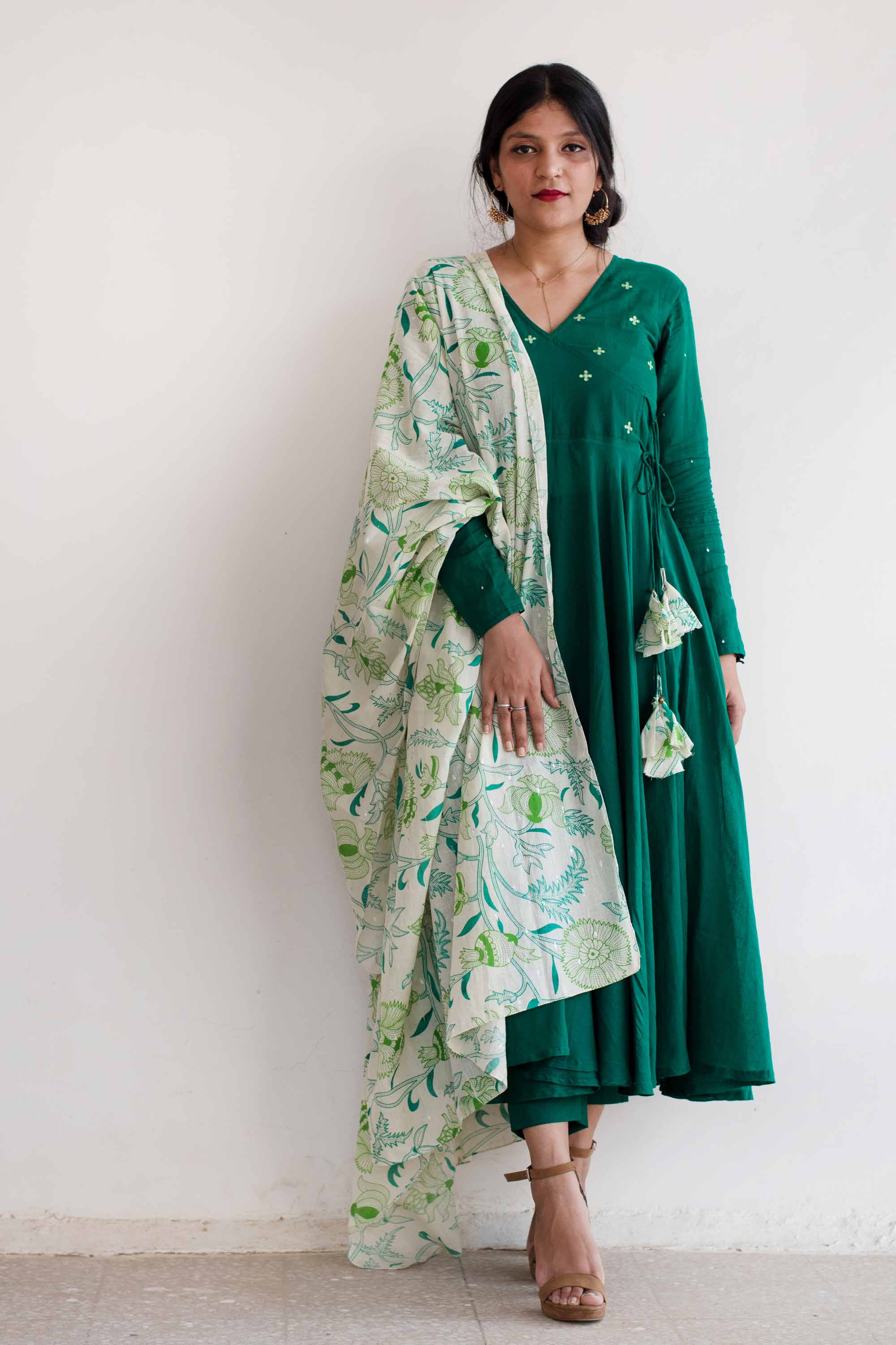 Bottle Green Flared Kurta set with Dupatta