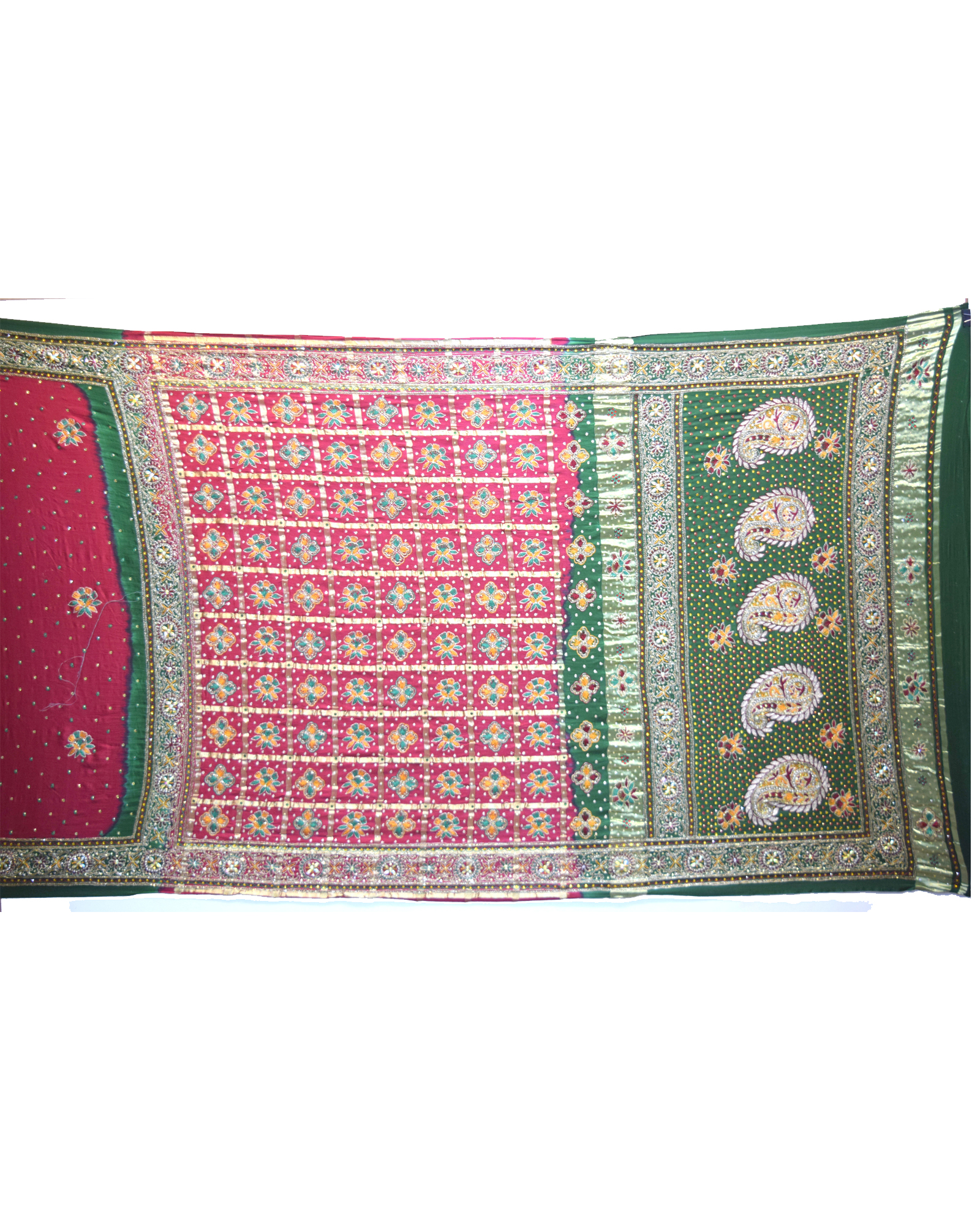 Red And Green Color Diamond work Design Gaji Silk Gharchola