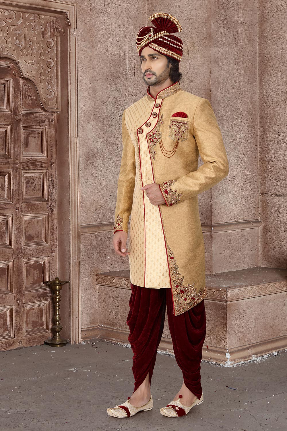 Golden Hand Embroidery Banarasi Silk Sherwani D-260
